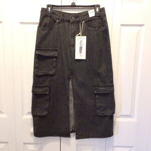 Simple Society Black Wash Front Slit Denim Midi Skirt Size Large